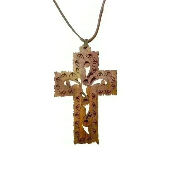 Beautiful Vintage Olive Wood Cross Pendant Hand Made Holy Land With 24” Necklace - Picture 5 of 6